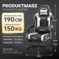 Preview: Gaming-Stuhl – Ergonomischer Gaming-Stuhl mit Fußstütze, Kopfstütze und Lendenwirbelstütze, höhenverstellbar, belastbar bis 150 kg, gepolstert, drehbar, schwarz