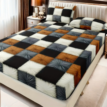 3-teiliges Premium-Spannbettlaken-Set mit geometrischem Muster | Enthält 1 Spannbettlaken und 2 Kissenbezüge, komfortabel und stilvoll, geeignet für alle Schlafzimmergrößen und Hotels, ganzjährig verwendbar, Polyester, maschinenwaschbar