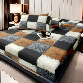 3-teiliges Premium-Spannbettlaken-Set mit geometrischem Muster | Enthält 1 Spannbettlaken und 2 Kissenbezüge, komfortabel und stilvoll, geeignet für alle Schlafzimmergrößen und Hotels, ganzjährig verwendbar, Polyester, maschinenwaschbar