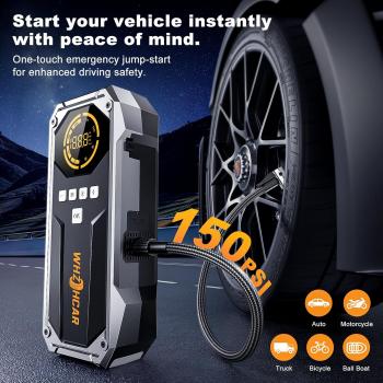 Preview: Starthilfe-Powerbank mit Kompressor (26800 mAh, 6000 A Spitzenleistung, 150 PSI Kompressor, LCD-Display), tragbare Starthilfe-Powerbank mit LED-Taschenlampe