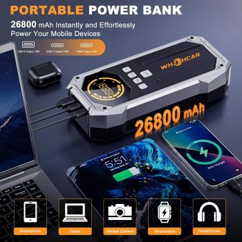 Starthilfe-Powerbank mit Kompressor (26800 mAh, 6000 A Spitzenleistung, 150 PSI Kompressor, LCD-Display), tragbare Starthilfe-Powerbank mit LED-Taschenlampe