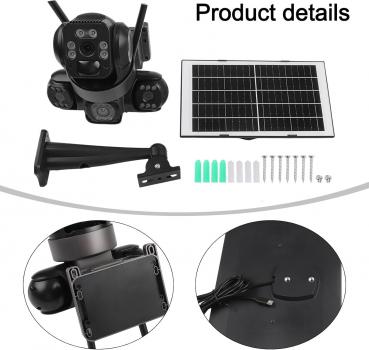 4K WLAN-Solar-Überwachungskamera für den Außenbereich mit drei Objektiven, 360°-PTZ-Funktion, Farbnachtsicht, IP66 wasserdicht, Bewegungserkennung, Cloud- und TF-Speicher