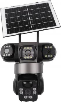 4K WLAN-Solar-Überwachungskamera für den Außenbereich mit drei Objektiven, 360°-PTZ-Funktion, Farbnachtsicht, IP66 wasserdicht, Bewegungserkennung, Cloud- und TF-Speicher