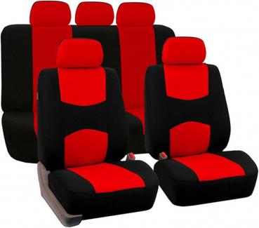 Universelles Autositzbezug-Set, atmungsaktiv, strapazierfähig, waschbar, 5-Sitzer-Schutzbezüge für Vordersitze und Kopfstützen, Schutz für den Fahrzeuginnenraum in allen vier Jahreszeiten, schmutzabweisend (Schwarz Rot)