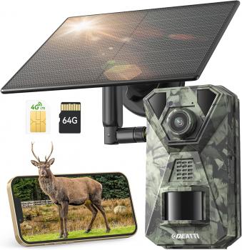 4G LTE Wildkamera mit Smartphone-App, 2,7K Solar-Wildkamera mit SIM-Karte, PIR-Bewegungsmelder, Nachtsicht, 120°-Weitwinkel, IP66, 64 GB SD-Karte und 7800-mAh-Akku