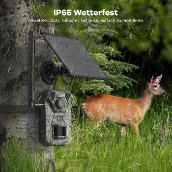 Preview: 4G LTE Wildkamera mit Smartphone-App, 2,7K Solar-Wildkamera mit SIM-Karte, PIR-Bewegungsmelder, Nachtsicht, 120°-Weitwinkel, IP66, 64 GB SD-Karte und 7800-mAh-Akku