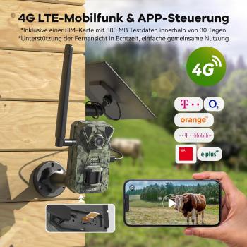 4G LTE Wildkamera mit Smartphone-App, 2,7K Solar-Wildkamera mit SIM-Karte, PIR-Bewegungsmelder, Nachtsicht, 120°-Weitwinkel, IP66, 64 GB SD-Karte und 7800-mAh-Akku