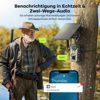 4G LTE Wildkamera mit Smartphone-App, 2,7K Solar-Wildkamera mit SIM-Karte, PIR-Bewegungsmelder, Nachtsicht, 120°-Weitwinkel, IP66, 64 GB SD-Karte und 7800-mAh-Akku