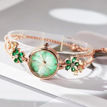 Preview: Japanische Damenuhr mit Quarzwerk, modisches Design, 18 Karat Gelbgold ionenplattiert, roségoldfarbenes Edelstahl-/Messingarmband mit Diamanten