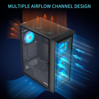 Preview: ATX-PC-Gehäuse, 6 vorinstallierte PWM-ARGB-Lüfter, Computergehäuse mit Tür aus gehärtetem Glas, Midi-Tower-Gaming-PC-Gehäuse, 2 x USB 3.0, Schwarz, G07