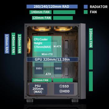 ATX-PC-Gehäuse, 6 vorinstallierte PWM-ARGB-Lüfter, Computergehäuse mit Tür aus gehärtetem Glas, Midi-Tower-Gaming-PC-Gehäuse, 2 x USB 3.0, Schwarz, G07