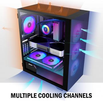 Preview: PC-Gehäuse, vorinstallierte 6 PWM ARGB-Gehäuselüfter, ATX-Midi-Tower, Gaming-Gehäuse mit Seitenteil aus gehärtetem Glas, Mesh-Gehäuse, Schwarz