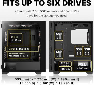 Preview: PC-Gehäuse, vorinstallierte 6 PWM ARGB-Gehäuselüfter, ATX-Midi-Tower, Gaming-Gehäuse mit Seitenteil aus gehärtetem Glas, Mesh-Gehäuse, Schwarz