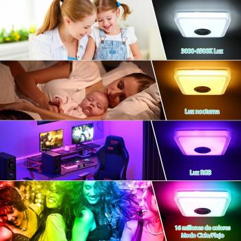 Preview: Dimmbare 30-W-LED-Deckenleuchte mit Bluetooth-Lautsprecher, Fernbedienung und App-Steuerung, RGB-Farbwechsel, geeignet für Schlafzimmer, Wohnzimmer und Kinderzimmer [Energieeffizienzklasse D]