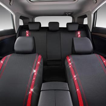 Preview: Wasserdichte Autositzbezüge aus Leder, Komplettset mit Strasssteinen, funkelnd und mit Kristallverzierungen, universell passend für 95 % aller Pkw, Lkw und SUVs (Komplettset, Rot)