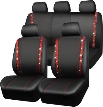 Preview: Wasserdichte Autositzbezüge aus Leder, Komplettset mit Strasssteinen, funkelnd und mit Kristallverzierungen, universell passend für 95 % aller Pkw, Lkw und SUVs (Komplettset, Rot)