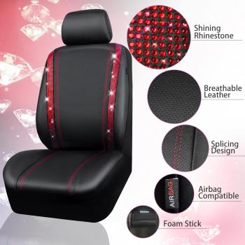 Wasserdichte Autositzbezüge aus Leder, Komplettset mit Strasssteinen, funkelnd und mit Kristallverzierungen, universell passend für 95 % aller Pkw, Lkw und SUVs (Komplettset, Rot)