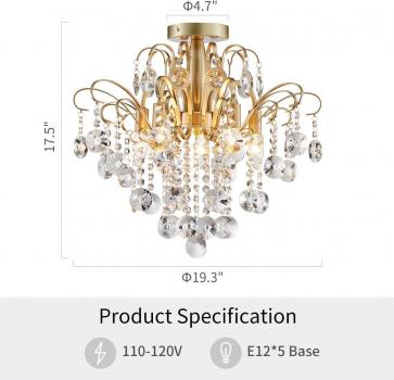 Kristall-Kronleuchter, Deckenleuchte, modernes Design für Schlafzimmer, Flur, Bar, Küche, Badezimmer, H 45 x B 50 cm, E14-Fassung, Gold