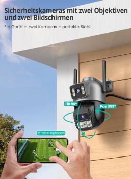 2,5K-Außenkamera – 2,4/5-GHz-WLAN-360°-PTZ-Überwachungskamera mit Dual-Objektiv, Farbnachtsicht, intelligenter Verfolgung, Zwei-Wege-Audio, kostenlosem Cloud-Speicher und Schutzart IP66