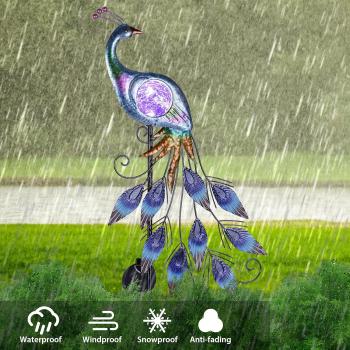 Preview: 83 cm große Pfauen-Solar-Gartenfigur aus Metall mit Glas