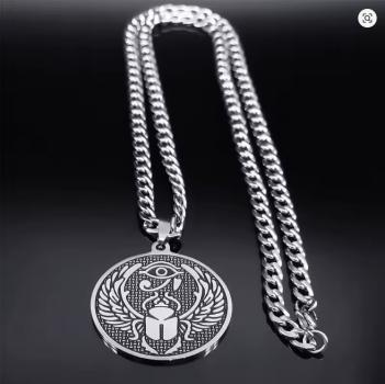 Halskette mit Horusauge und Skarabäus-Mistkäfer-Amulett für Damen und Herren, Edelstahl, ägyptischer Anhänger, runder Schmuck