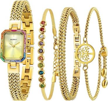  Damenuhr Gold, zierliches Armband, Gehäuse mit farbigen Steinen, 3 ATM wasserdicht, minimalistisches Uhren- und Armbandset