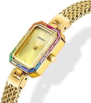 Preview:  Damenuhr Gold, zierliches Armband, Gehäuse mit farbigen Steinen, 3 ATM wasserdicht, minimalistisches Uhren- und Armbandset