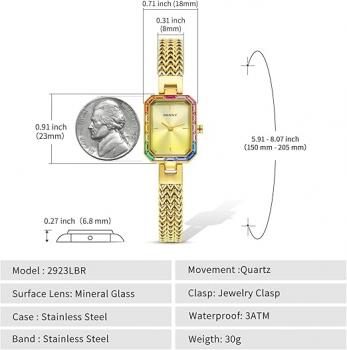  Damenuhr Gold, zierliches Armband, Gehäuse mit farbigen Steinen, 3 ATM wasserdicht, minimalistisches Uhren- und Armbandset