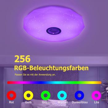 Preview: Dimmbare LED-Deckenleuchte mit Bluetooth-Lautsprecher, Fernbedienung oder App-Steuerung, RGB-Farbwechsel und Musikwiedergabe für Schlafzimmer, Bad und Wohnzimmer [Energieeffizienzklasse F]
