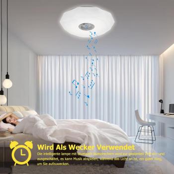Dimmbare LED-Deckenleuchte mit Bluetooth-Lautsprecher, Fernbedienung oder App-Steuerung, RGB-Farbwechsel und Musikwiedergabe für Schlafzimmer, Bad und Wohnzimmer [Energieeffizienzklasse F]