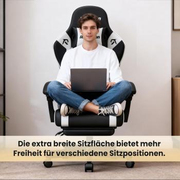 Gaming-Stuhl – Ergonomischer Gaming-Stuhl mit Fußstütze, Kopfstütze und Lendenwirbelstütze, höhenverstellbar, belastbar bis 150 kg, gepolstert, drehbar, schwarz