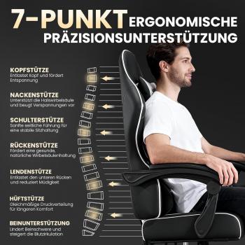 Gaming-Stuhl – Ergonomischer Gaming-Stuhl mit Fußstütze, Kopfstütze und Lendenwirbelstütze, höhenverstellbar, belastbar bis 150 kg, gepolstert, drehbar, schwarz