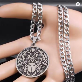 Halskette mit Horusauge und Skarabäus-Mistkäfer-Amulett für Damen und Herren, Edelstahl, ägyptischer Anhänger, runder Schmuck