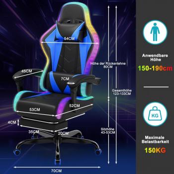 Preview: LED-Gaming-Stuhl – Ergonomischer Bürostuhl mit Massagefunktion und Teleskop-Fußstütze, verstellbarer Rückenlehne (90–135°), für Gamer bis 150 kg, augenschonendes Design, Blau