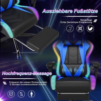 LED-Gaming-Stuhl – Ergonomischer Bürostuhl mit Massagefunktion und Teleskop-Fußstütze, verstellbarer Rückenlehne (90–135°), für Gamer bis 150 kg, augenschonendes Design, Blau