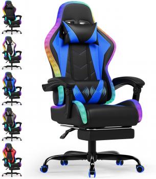 LED-Gaming-Stuhl – Ergonomischer Bürostuhl mit Massagefunktion und Teleskop-Fußstütze, verstellbarer Rückenlehne (90–135°), für Gamer bis 150 kg, augenschonendes Design, Blau