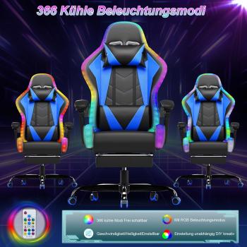 LED-Gaming-Stuhl – Ergonomischer Bürostuhl mit Massagefunktion und Teleskop-Fußstütze, verstellbarer Rückenlehne (90–135°), für Gamer bis 150 kg, augenschonendes Design, Blau