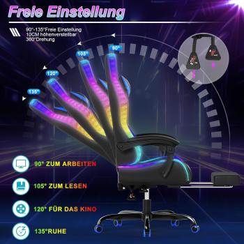 LED-Gaming-Stuhl – Ergonomischer Bürostuhl mit Massagefunktion und Teleskop-Fußstütze, verstellbarer Rückenlehne (90–135°), für Gamer bis 150 kg, augenschonendes Design, Blau