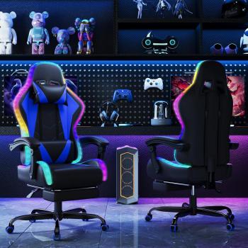 LED-Gaming-Stuhl – Ergonomischer Bürostuhl mit Massagefunktion und Teleskop-Fußstütze, verstellbarer Rückenlehne (90–135°), für Gamer bis 150 kg, augenschonendes Design, Blau