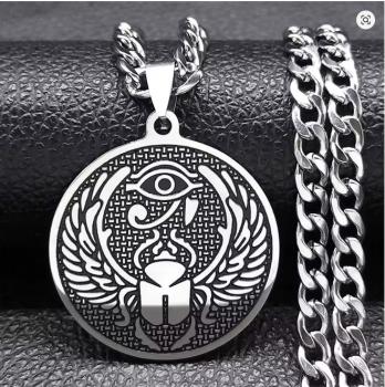 Halskette mit Horusauge und Skarabäus-Mistkäfer-Amulett für Damen und Herren, Edelstahl, ägyptischer Anhänger, runder Schmuck