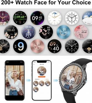 Preview: Damen-Smartwatch mit Bluetooth-Anruffunktion für Android und iOS, 1,32 Zoll HD-Touchscreen, Diamant-Design, schwarzem Edelstahl, Herzfrequenzmesser, Schlafüberwachung, Schrittzähler, Kalorienzähler (über 100 kcal), sportlich-elegant