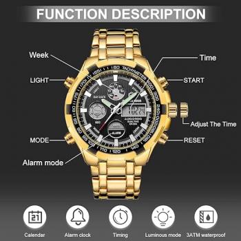 Luxuriöse Herrenuhr aus Edelstahl, robustes Bullet-Sport-Chronographen-Design, wasserdicht, zweifarbig, goldfarben, Datumsanzeige, Alarm, Multifunktionsanzeige (analog/digital)