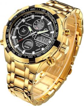 Luxuriöse Herrenuhr aus Edelstahl, robustes Bullet-Sport-Chronographen-Design, wasserdicht, zweifarbig, goldfarben, Datumsanzeige, Alarm, Multifunktionsanzeige (analog/digital)