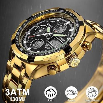 Preview: Luxuriöse Herrenuhr aus Edelstahl, robustes Bullet-Sport-Chronographen-Design, wasserdicht, zweifarbig, goldfarben, Datumsanzeige, Alarm, Multifunktionsanzeige (analog/digital)