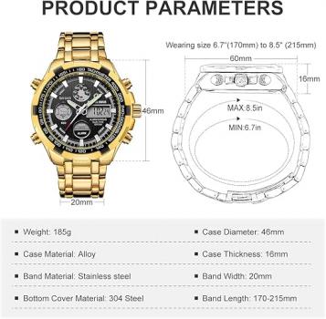 Luxuriöse Herrenuhr aus Edelstahl, robustes Bullet-Sport-Chronographen-Design, wasserdicht, zweifarbig, goldfarben, Datumsanzeige, Alarm, Multifunktionsanzeige (analog/digital)