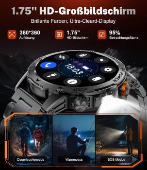 Preview: Militär-Smartwatch für Herren mit 1000 mAh Akku, großem 1,75-Zoll-HD-Touchscreen, LED-Beleuchtung, 3 Armbändern, über 110 Sportmodi, Herzfrequenz- und Schlafüberwachung, IP68 wasserdicht, kompatibel mit iOS und Android