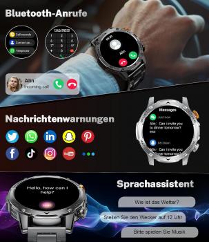 Militär-Smartwatch für Herren mit 1000 mAh Akku, großem 1,75-Zoll-HD-Touchscreen, LED-Beleuchtung, 3 Armbändern, über 110 Sportmodi, Herzfrequenz- und Schlafüberwachung, IP68 wasserdicht, kompatibel mit iOS und Android