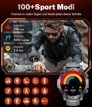 Militär-Smartwatch für Herren mit 1000 mAh Akku, großem 1,75-Zoll-HD-Touchscreen, LED-Beleuchtung, 3 Armbändern, über 110 Sportmodi, Herzfrequenz- und Schlafüberwachung, IP68 wasserdicht, kompatibel mit iOS und Android