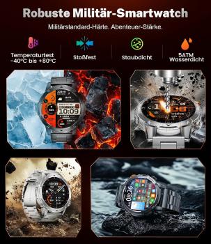 Militär-Smartwatch für Herren mit 1000 mAh Akku, großem 1,75-Zoll-HD-Touchscreen, LED-Beleuchtung, 3 Armbändern, über 110 Sportmodi, Herzfrequenz- und Schlafüberwachung, IP68 wasserdicht, kompatibel mit iOS und Android