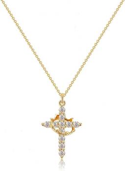 ZephyrHome Vergoldete gepflasterte Kreuzkette mit gedrehter Krone für Damen, 14 Karat drehbare Krone mit Zirkon, elegante Kreuzanhänger-Kette für Frauen, modische Goldkette mit Krone und Kreuzsymbol